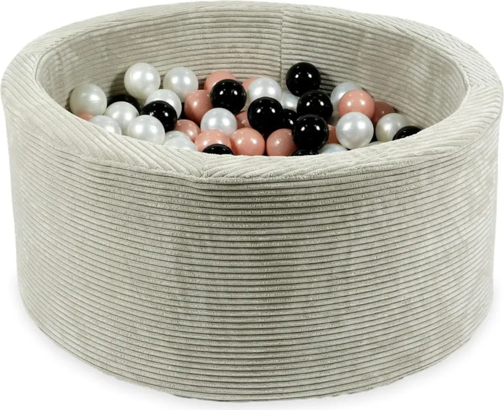 Aire de jeu enfant en velours gris avec boules nacrées et or rose
