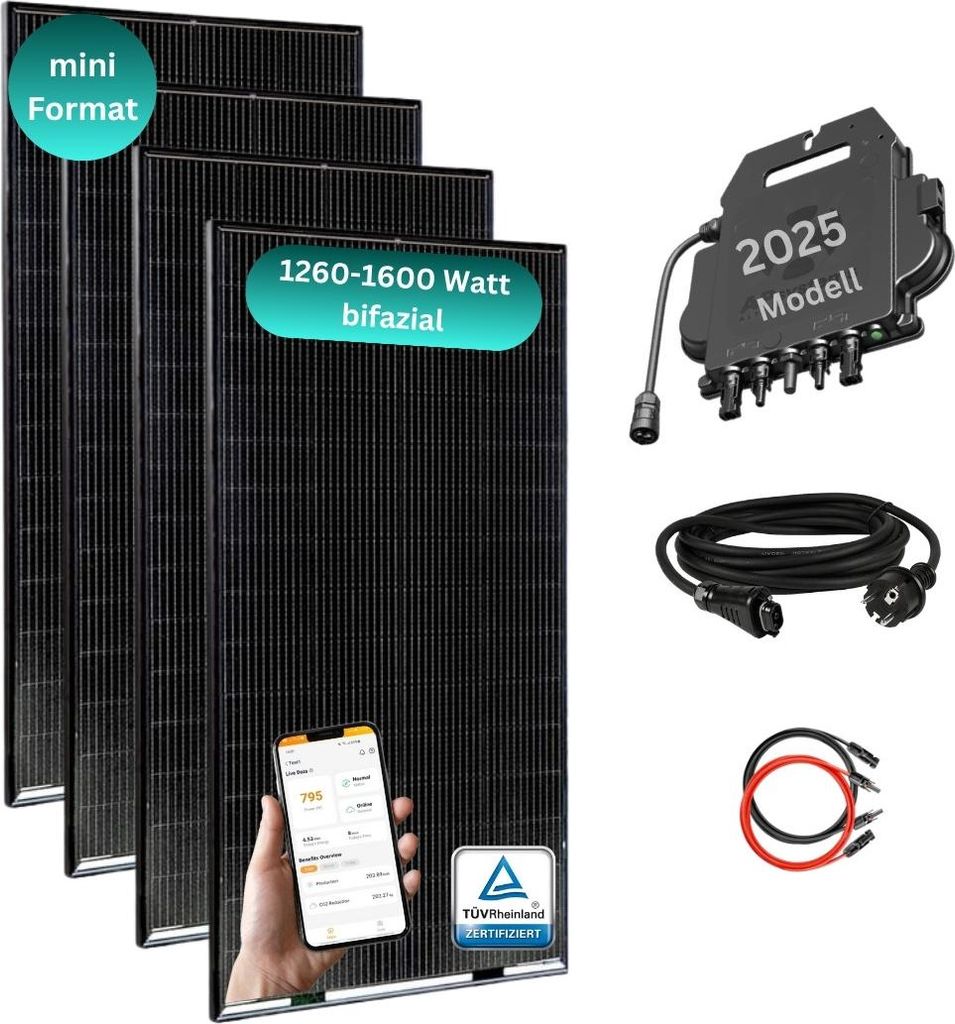 MYVOLTAICS Balkonkraftwerk MyBasic 1260+ Watt Mini-Format (1,65m x 0,88m) 4x 315+ Watt Glas-Module, bifazial, WLAN Wechselrichter, Steckerfertig - ...