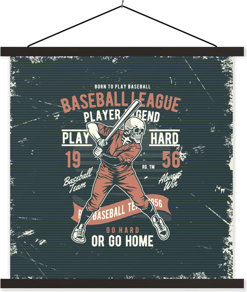 MuchoWow Textilposter Jahrgang - Skelett - Baseball 60x60 cm mit schwarzem Rahmen - Posteraufhänger
