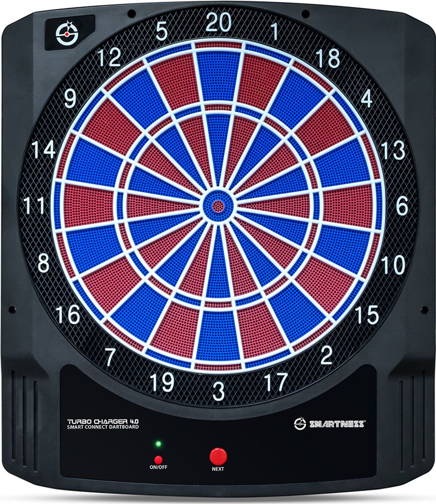 A black electronic dartboard with red and blue segments and numbered sections.