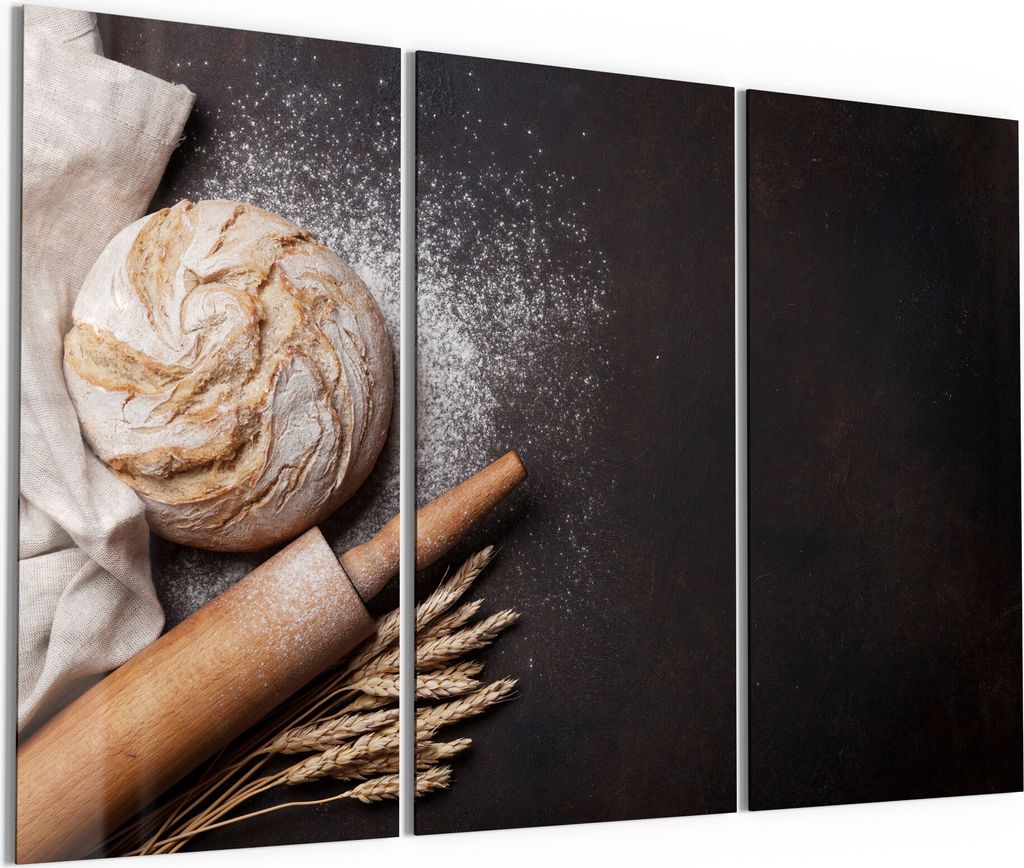 DEQORI Glasbild Echtglas 3x50x100 cm 'Brot mit Nudelholz' Wandbilder XXL groß
