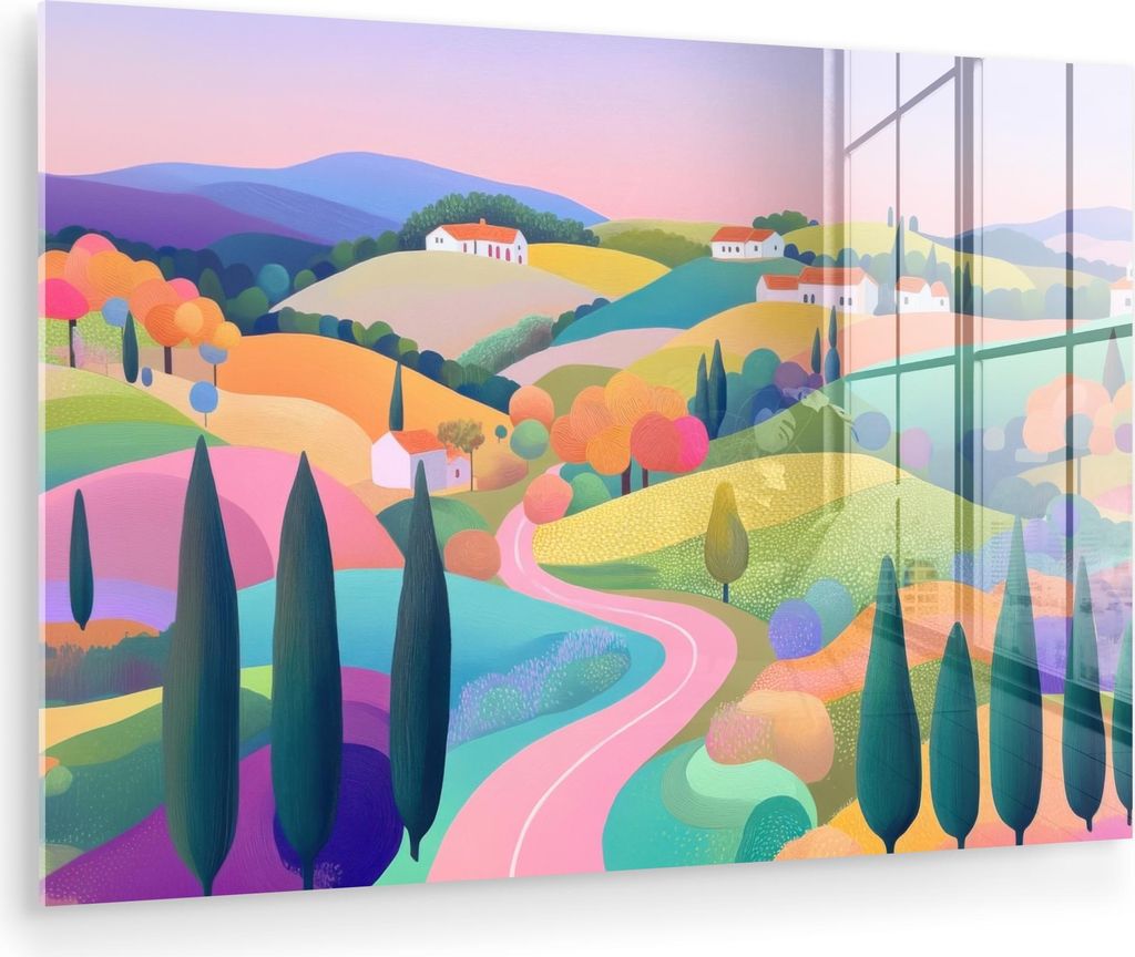 MuchoWow Glasbilder - Bilder auf Wandbild - Foto auf Glas Landschaft - Lila - Pastell - Häuser 90x60 cm Wanddekoration aus Glas - Acrylglasbild - ...