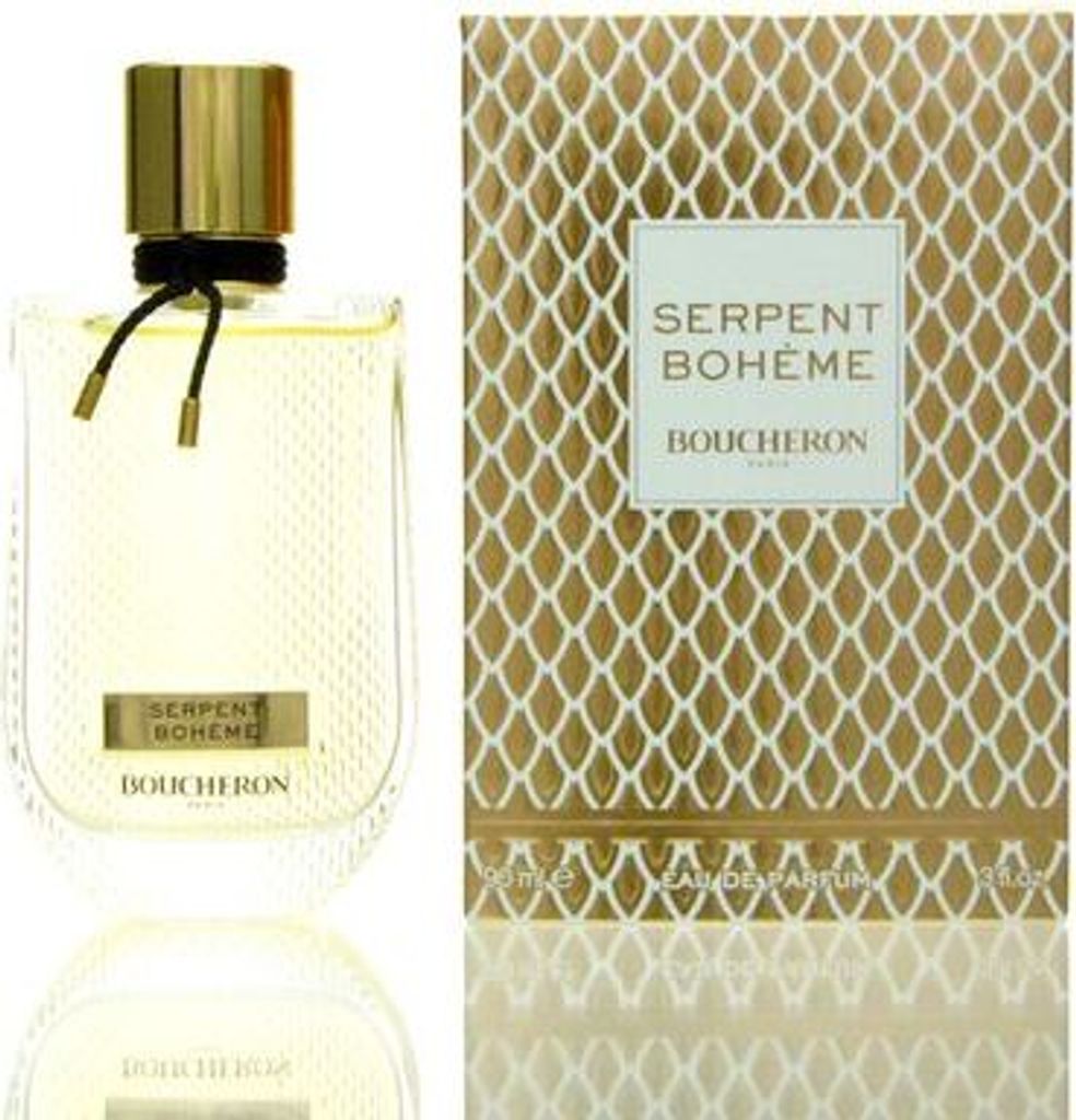 A perfume bottle and its packaging are displayed side-by-side against a white background.