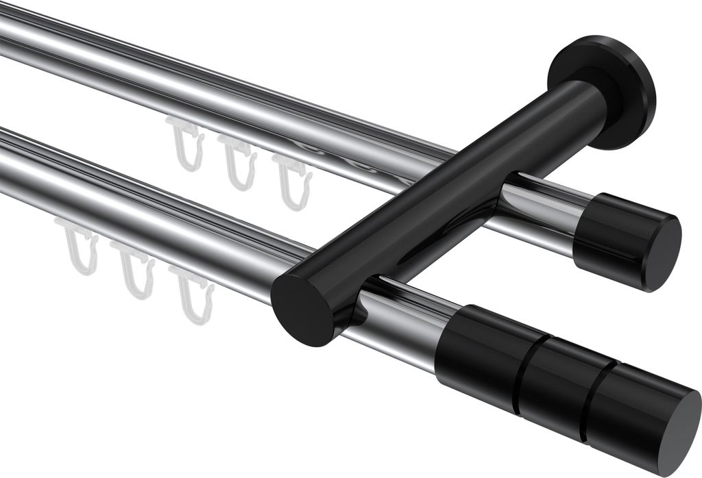 Interdeco Innenlaufstange / Gardinenstange mit Innenlauf Chrom / Schwarz, Typ Platon Elanto (Rillenzylinder), 20 mm Ø 2-läufig, 320 cm