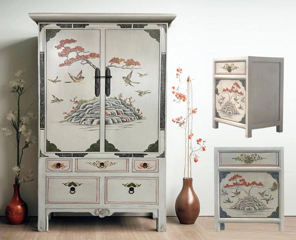 OPIUM OUTLET Chinesische Möbel Kombination 3-teilig Asia Möbel Schlafzimmer Vintage Schrank Hochzeitsschrank Nachttische Nachtkommoden Nachtkonsolen