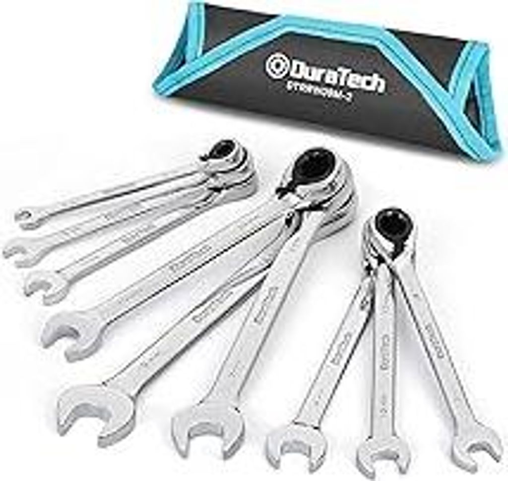 DURATECH 9-tlg Ratschenschlüssel- und Umschaltbarer Gabel- und Ringmaulschlüssel-Satz 8-19 mm, Chrom-Vanadium-Stahl, inkl. Rolltasche