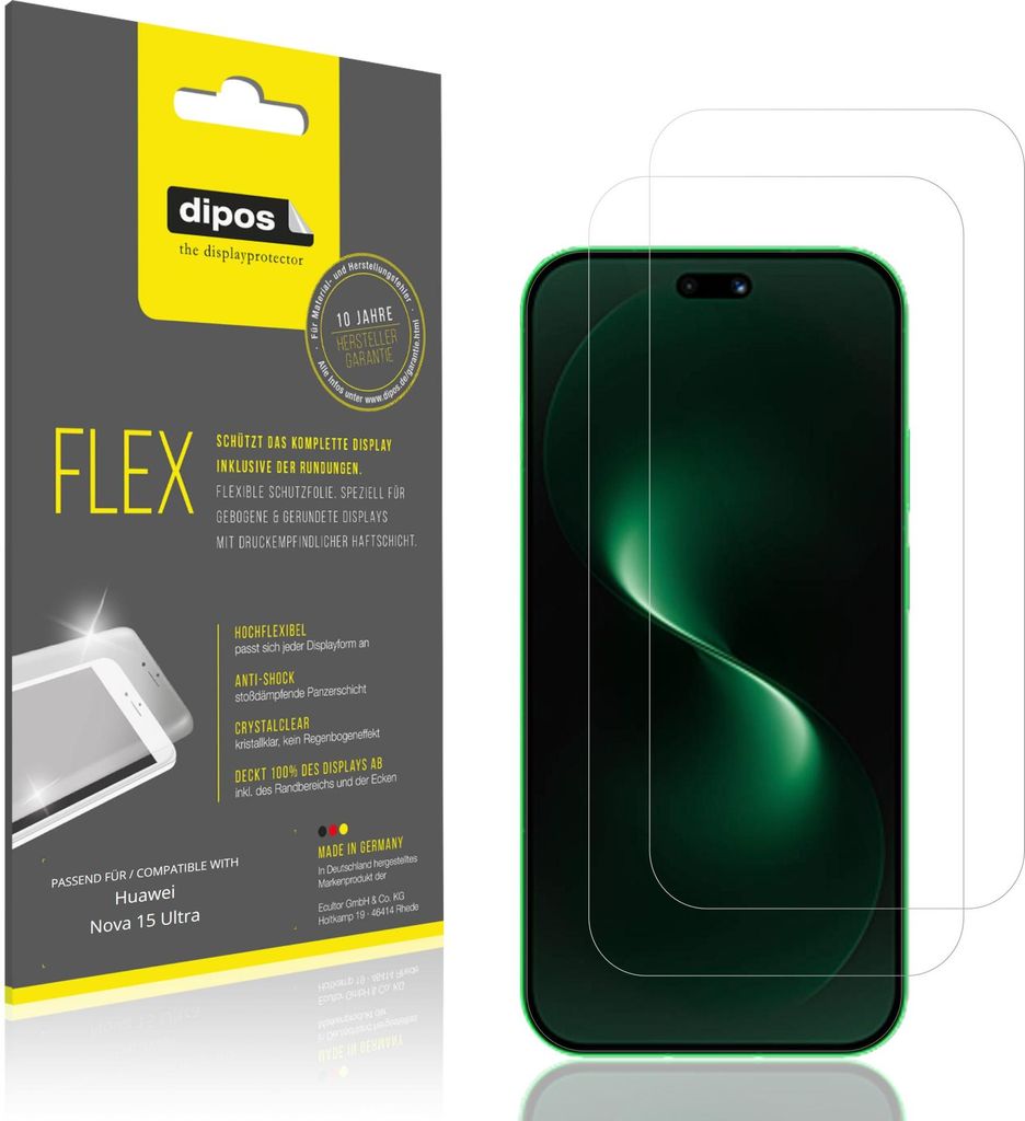 2x Schutzfolie für Huawei Nova 15 Ultra Folie, 100% Displayabdeckung, dipos Flex