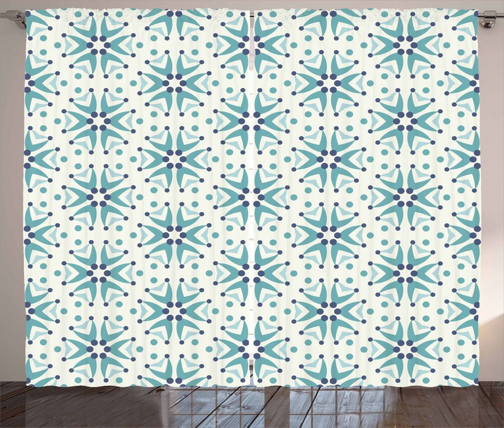 ABAKUHAUS Ditsy Rustikaler Gardine, Portugiesisch Mosaic, Schlafzimmer Kräuselband Vorhang mit Schlaufen und Haken, 280 x 245 cm, Creme Dunkelblau...