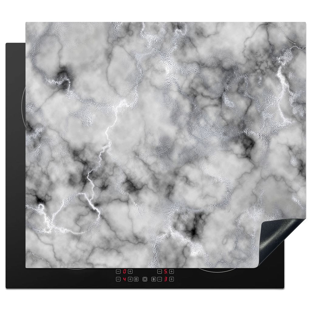 KitchenYeah Herdabdeckplatte Marmordruck - Grau - Luxus , 58x51cm, Küche Deko, Glaskeramikkochfeld Herdabdeckung, Abdeckplatte fùr Kochfeld