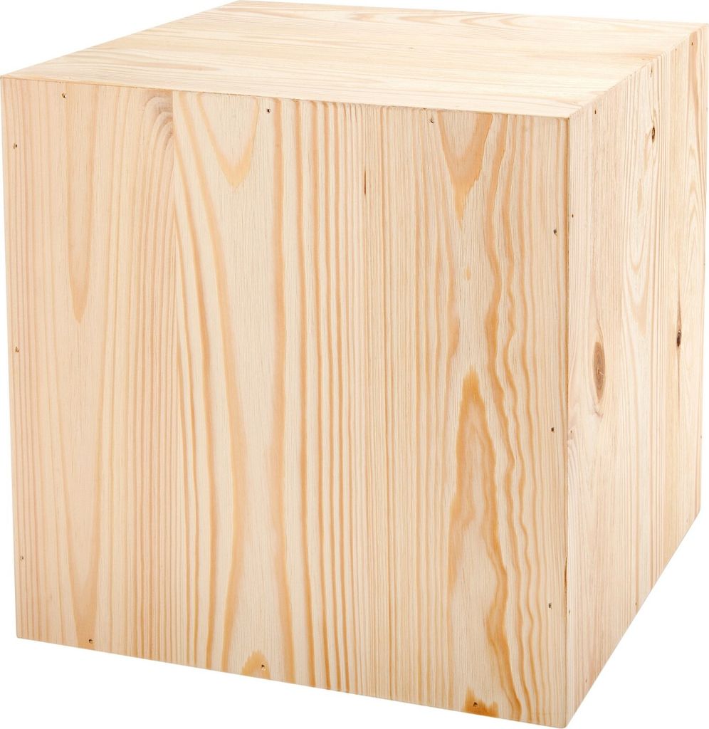A light-colored wooden cube is shown against a white background.