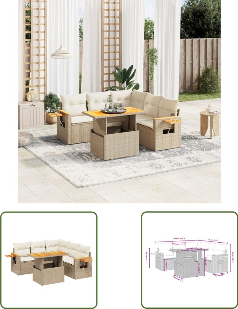 The Living Store 6-tlg. Garten-Sofagarnitur mit Kissen Beige Poly Rattan