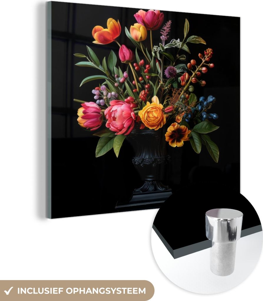 MuchoWow Glasbilder - Bilder auf Wandbild - Foto auf Glas Tulpen - Beeren - Blumenstrauß - Vase 40x40 cm Wanddekoration aus Glas - Acrylglasbild -...