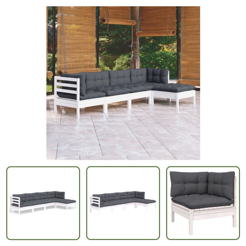 The Living Store 5-tlg. Garten-Lounge-Set mit Kissen Weiß Kiefernholz