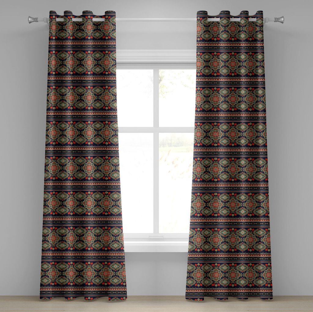 ABAKUHAUS Ethnisch Ösenvorhang, Arabesque Traditional Folkloric Motiv mit floralen und geometrischen Formen Bild, Dekorative 2-Panel-Fenstervorhä...