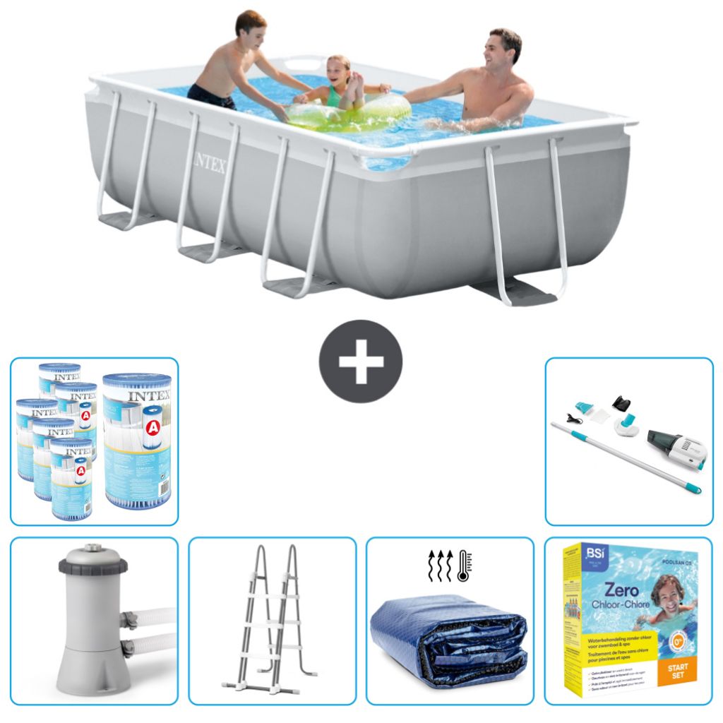 Intex Rechteckiges Prisma-Rahmen-Schwimmbecken – 300 x 175 x 80 cm – Grau – inklusive Pumpe – Leiter Sonnensegel - Wartungspaket - Filter -...