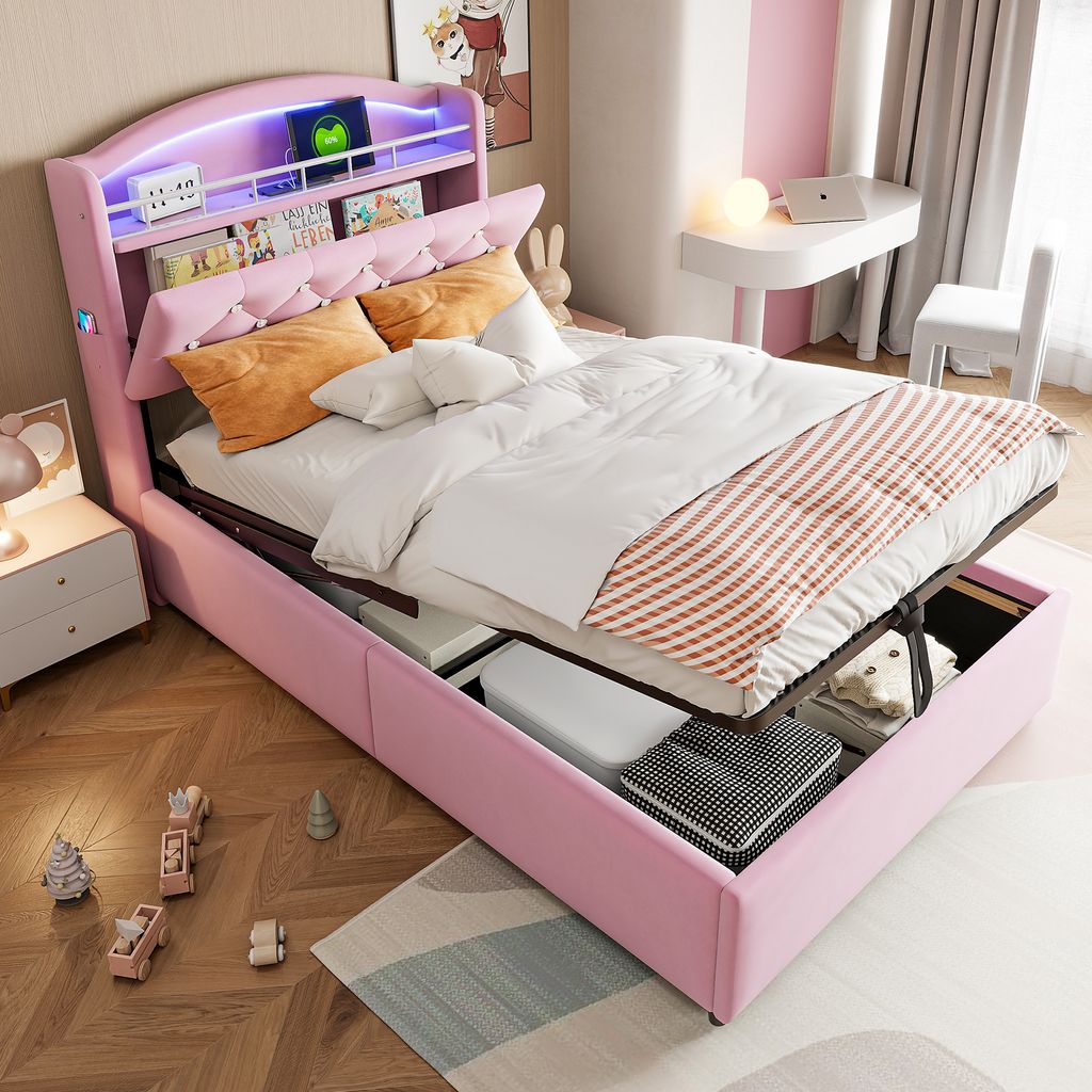 MODFU Kinderbett Polsterbett Jugendbett 90x200cm Multifunktionsbett mit Stauraum Einzelbett it LED und USB ohne Matratze, Rosa