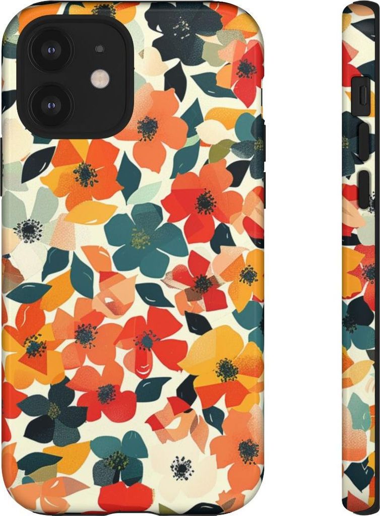 Lebhaftes Blumenmuster mit geometrischen Blättern – Hülle Kompatibel mit iPhone 12