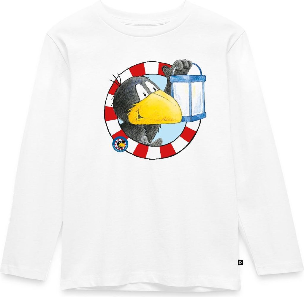 Spreadshirt Der kleine Rabe Socke mit Laterne Kinder Premium Langarmshirt, 110/116 (4 Jahre), Weiß