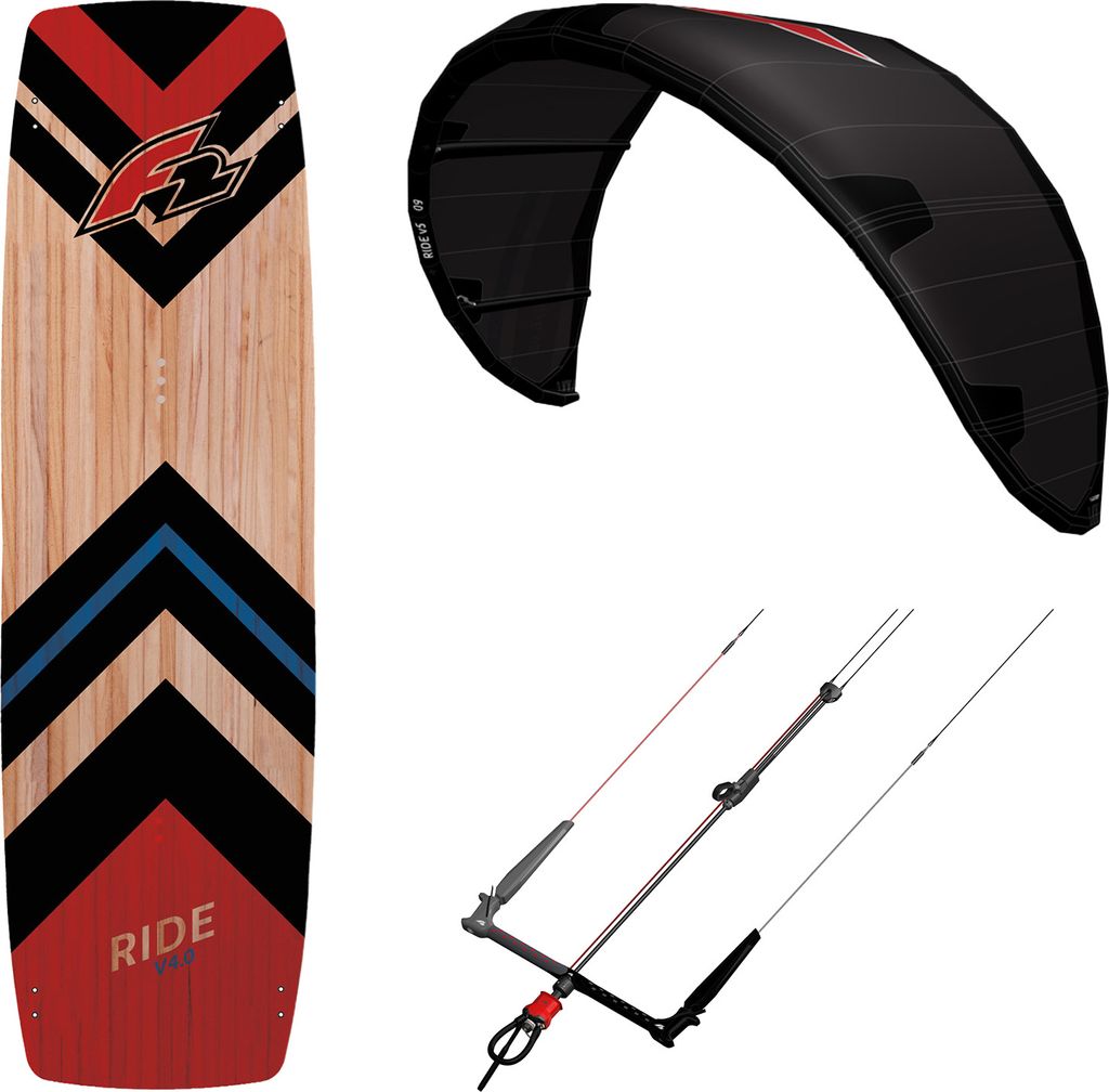 F2 Set Kite Ride V5 7qm + Kiteboard Ride Lightwind Wood 148cm + Control Bar 46cm