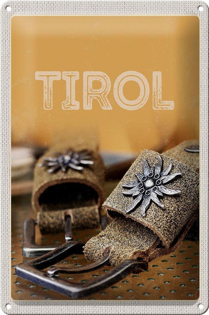 Blechschild Reise 20x30cm Tirol Symbole Blume Edelweiß Glück