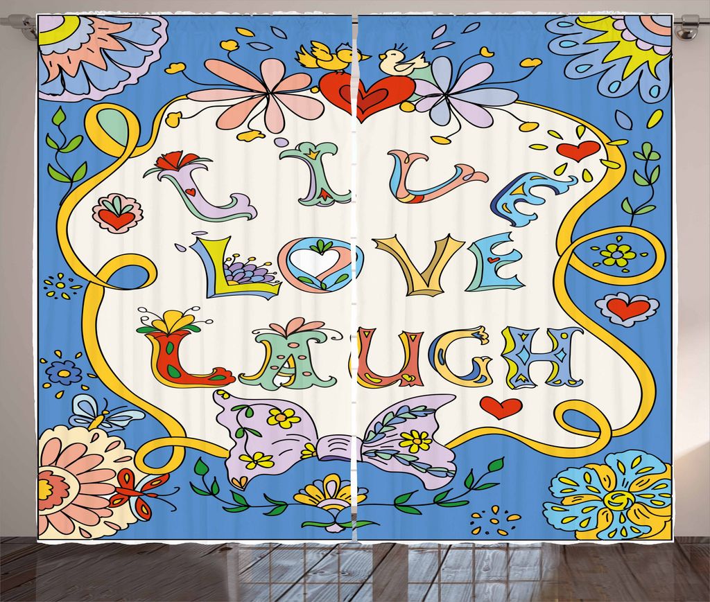 ABAKUHAUS Lebe Lache Liebe Rustikaler Gardine, Blumendoodles, Schlafzimmer Kräuselband Vorhang mit Schlaufen und Haken, 280 x 225 cm, Mehrfarbig