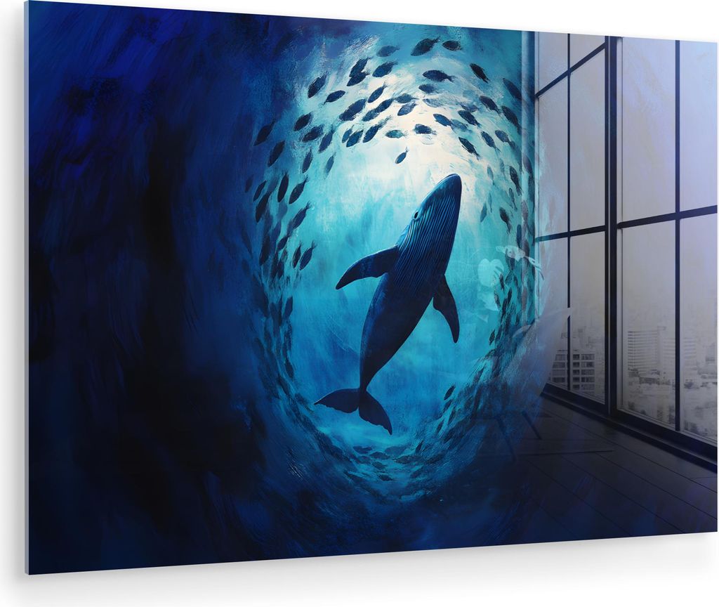 MuchoWow Glasbilder - Bilder auf Wandbild - Foto auf Glas Wal - Fisch - Dunkelblau 90x60 cm Wanddekoration aus Glas - Acrylglasbild - Acrylbilder -...