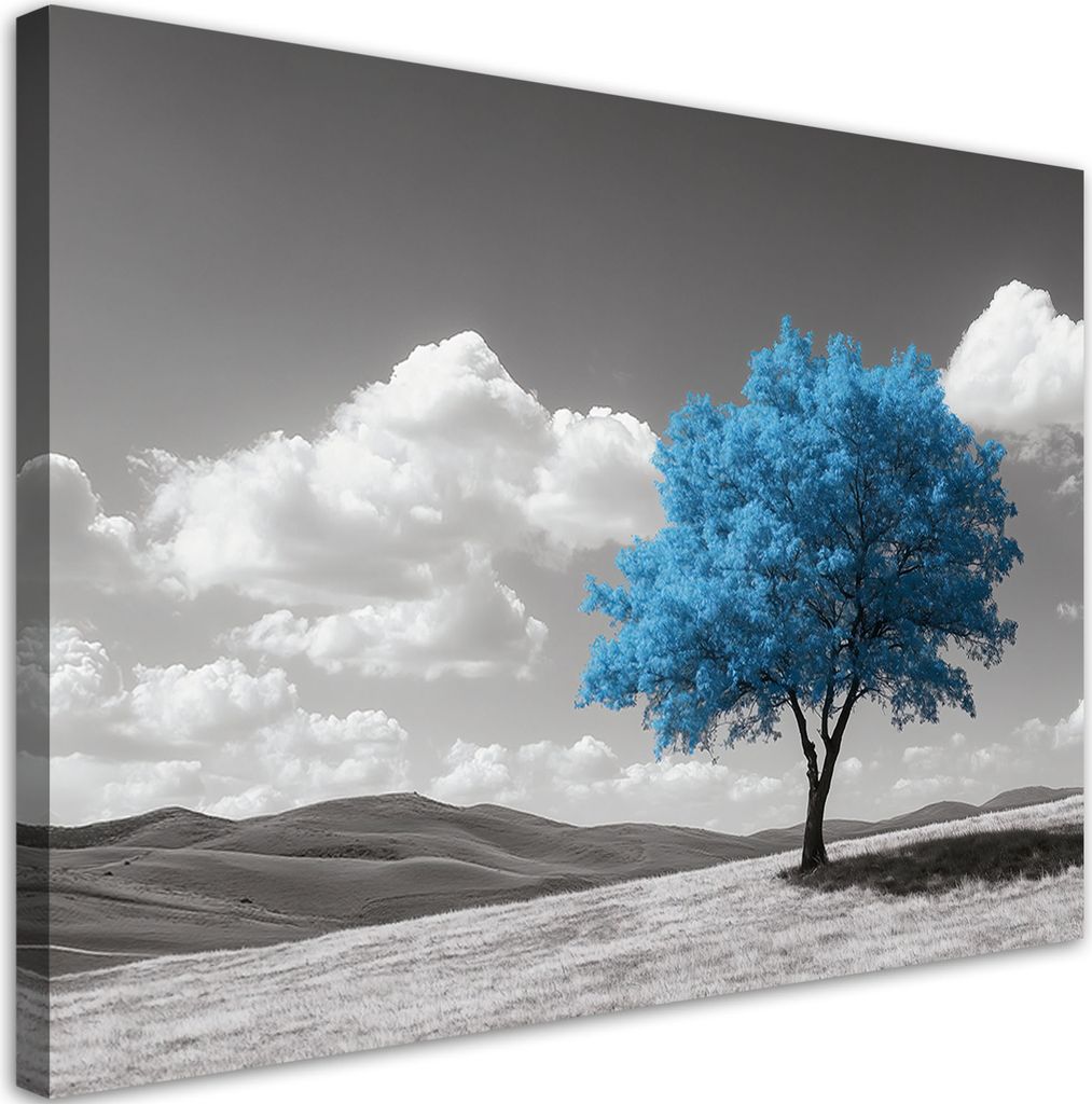 Leinwandbild Blauer Baum Hochlandlandschaft 100x70 Feeby Blau bild für die wand bereit zum aufhängen