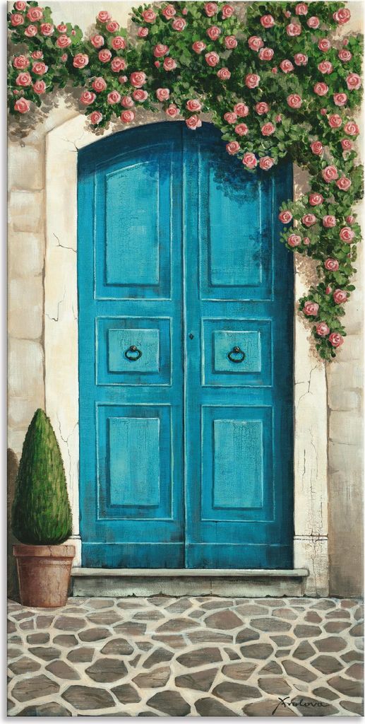 ARTland Wandbild Alu für Innen & Outdoor Blaue Tür mit Kletterrosen Größe: 50x100 cm