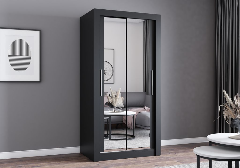 Easy4You MN Schwarz Schiebetürenschrank Kleiderschrank 100x200x64 cm mit Spiegel - Schlafzimmermöbel, Aufbewahrung – Mehrzweckschrank mit 2 Kle...