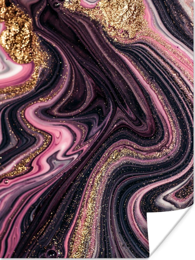 MuchoWow Poster Marmoroptik - Rosa - Lila - Gold - Luxus - Marmor 120x160 cm - Wandbilder