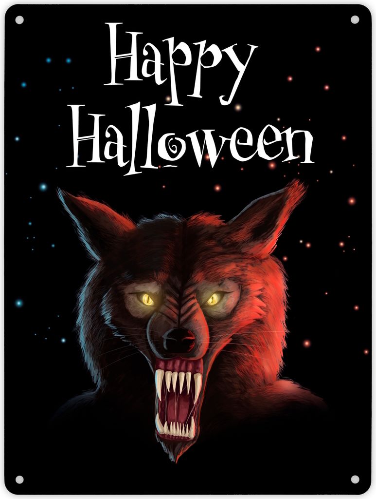 Metallschild XL in 21x28 cm mit gruseligem Wolf Motiv und Happy Halloween