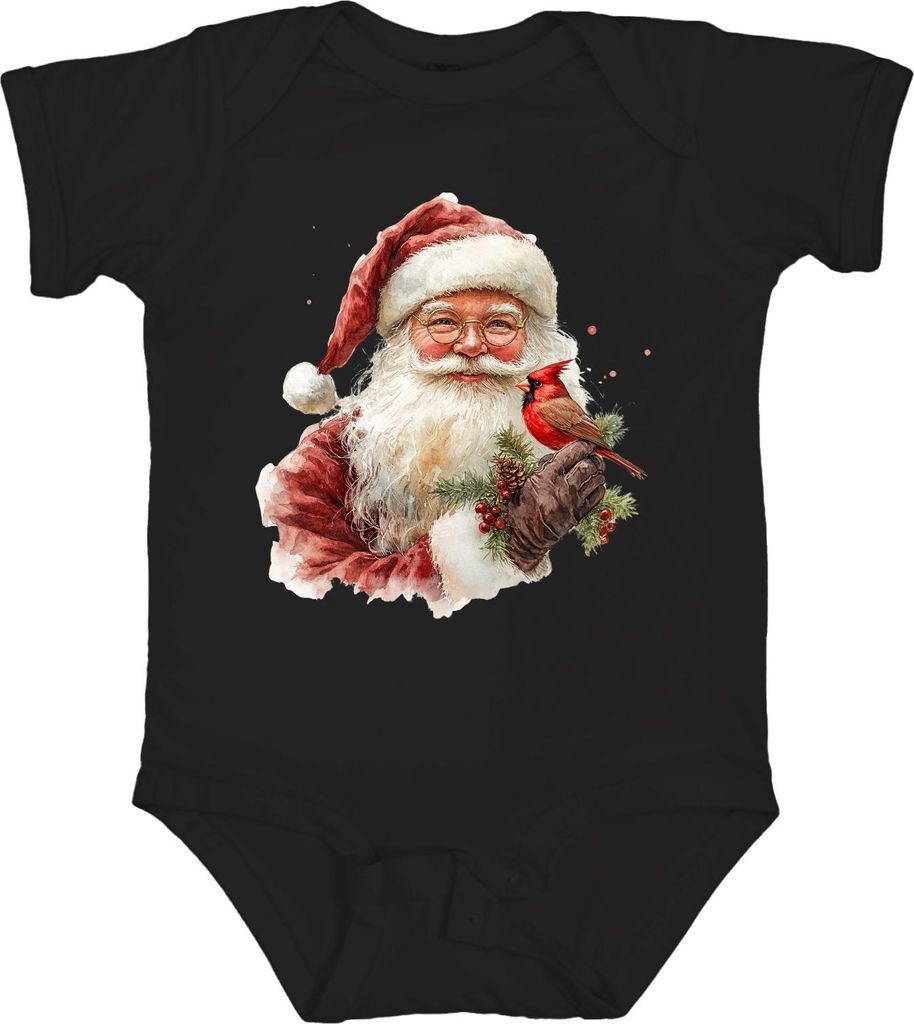 Weihnachtsmann mit Kardinalvogel Tannenzweig Aquarell Vintage Unisex Baby Body, Schwarz, 6/12