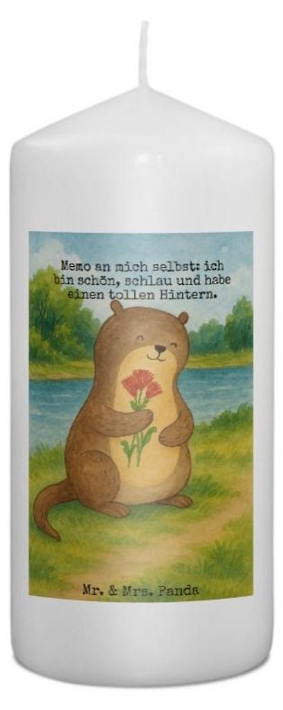 Mr. & Mrs. Panda Kerze Otter Blumenstrauß Design 15 x 7 cm - Weiß - Geschenk, Blockkerze, Selbstliebe, Bedruckte, Erinnerungslicht, Süß, Stumpe...