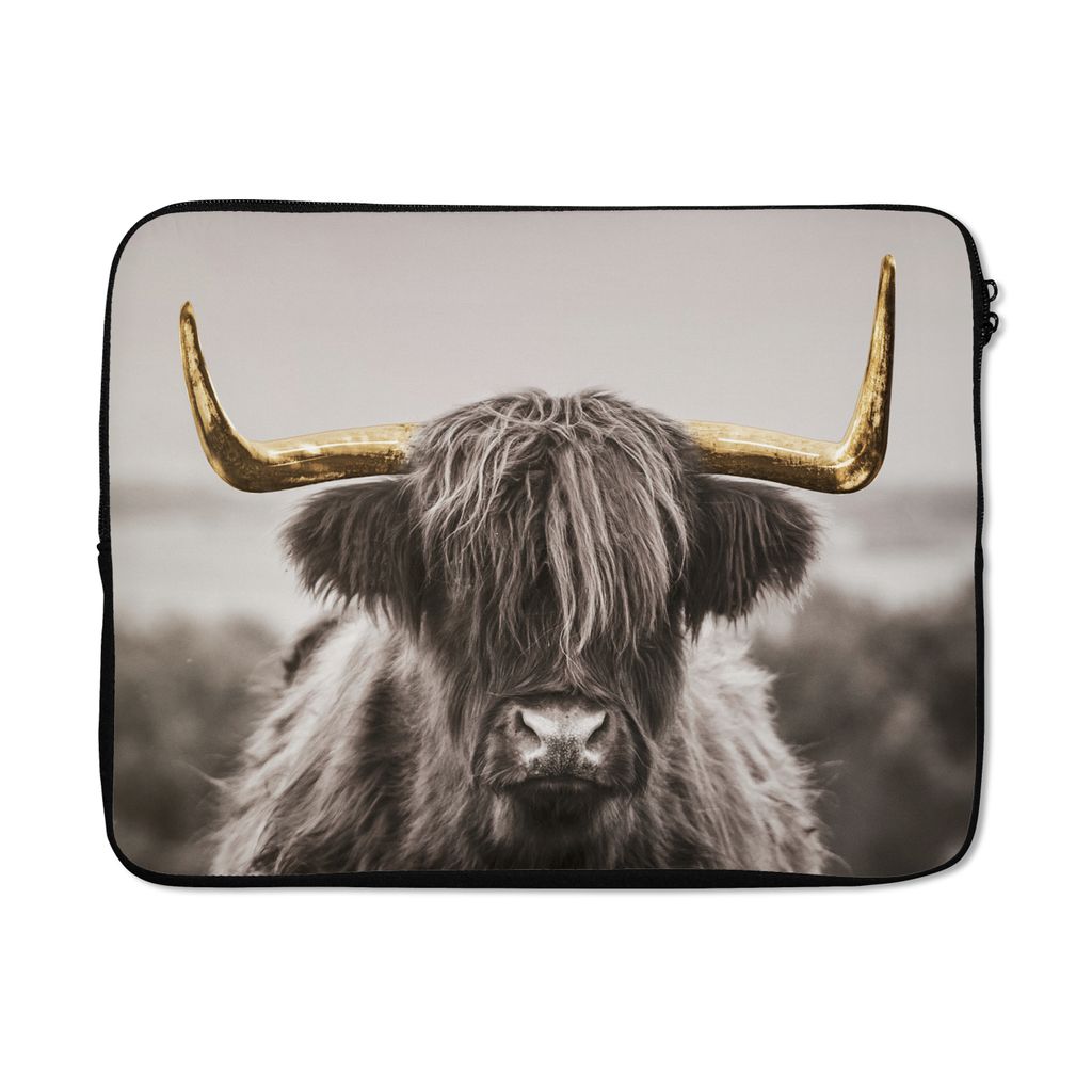 MuchoWow Laptop Hülle 15 Zoll Scottish Highlander - Schwarz - Weiß - Gold Laptoptasche - Laptoptasche - Sleeve - Rundum-Schutz