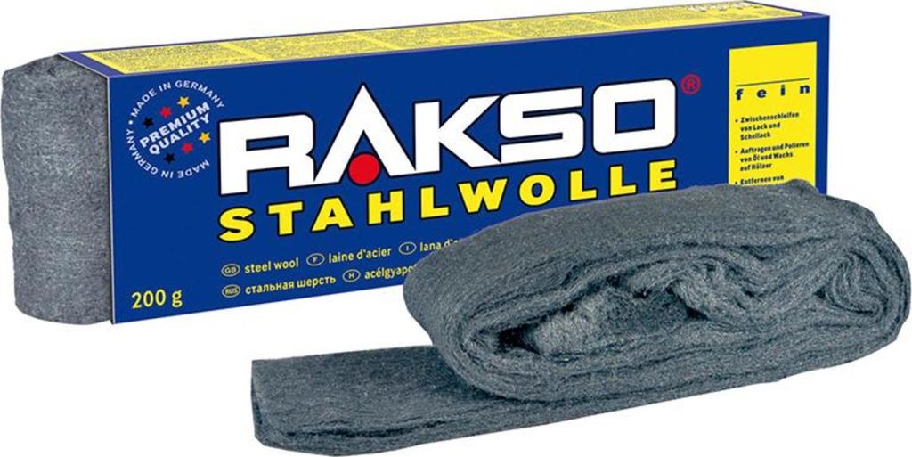 A box of RAKSO steel wool with a roll of steel wool in front of it.
