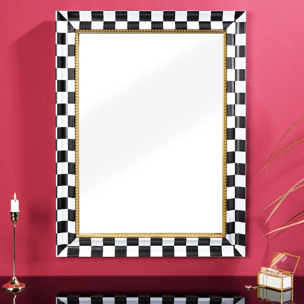 cagü: Wandspiegel VICKY Schwarz-Weiß Karomuster goldene Zierleiste Rechteckig 78cm x 60cm