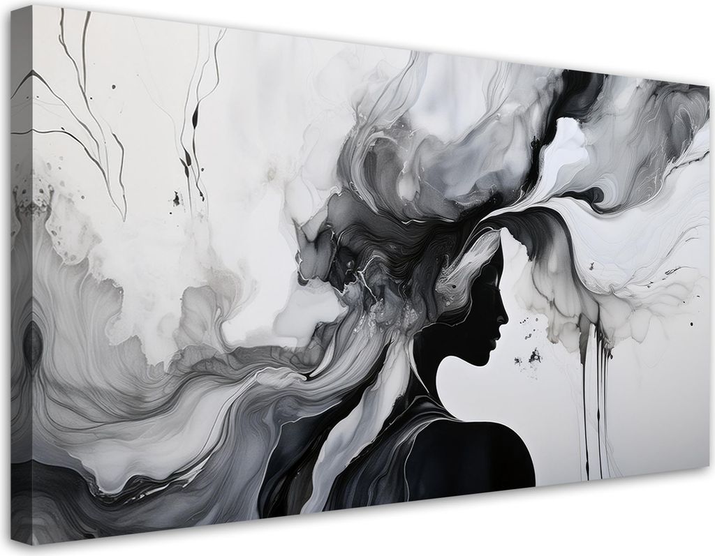 Leinwandbild für Wohnzimmer Frau Abstraktion Schwarz-Weiß-Tinte 80x40 Feeby Schwarz-Weiß bild für die wand bereit zum aufhängen