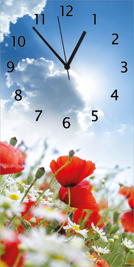 Wallario Design Wanduhr Mohnblumen unter blauem Himmel aus Echtglas, Größe 30 x 60 cm