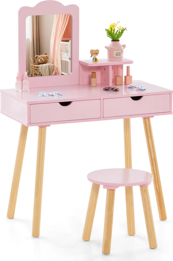 COSTWAY Set da toilette per bambini, scrivania e sgabello 2in1 con specchio rimovibile, 2 cassetti, pettine per bambini dai 3 ai 7 anni Rosa