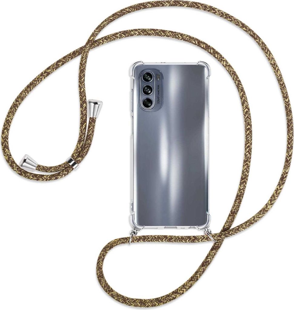 Handykette Backcover-Schutzhülle mit Band (Metall silberfarben) für Motorola Moto G62 5G (6.5'') - braun+beige
