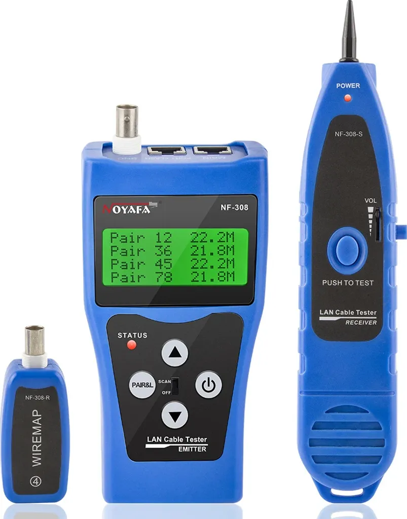 Tester per cavi LAN, misura lunghezze fino a 1000 m, verifica la continuità, NF-308-BLAU