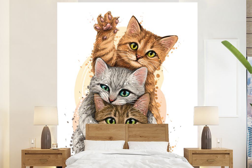MuchoWow Fototapete für Wohnzimmer oder Schlafzimmer Wandtapete Vinyl Motivtapete Katzen - Illustration - Haustiere - Katze - 210x260 cm - Wand ...