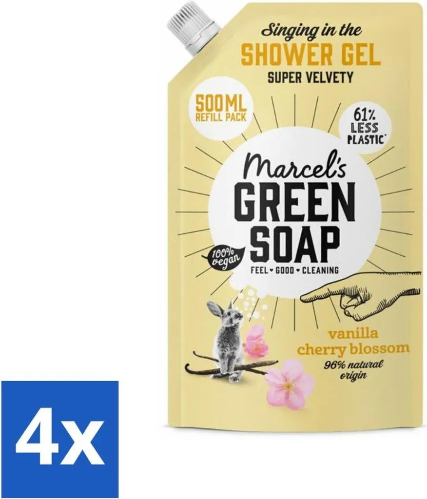 Pack de 4 Recharges Gel Douche Vanille Fleur de Cerisier 500 ml Marcel's
