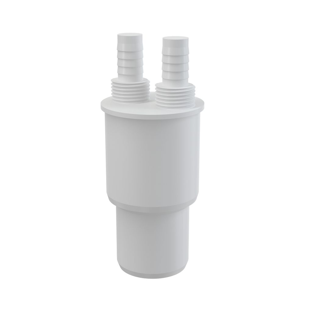 A white plumbing adapter with two hose barbs on top and a larger diameter fitting on the bottom, isolated on a white background.