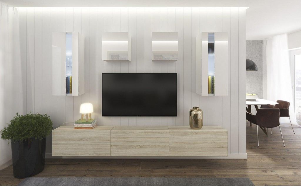 Furnitech Wohnwand Wohnzimmer - Hängend Wohnwand Modern - Regale und TV Schrank - Wohnzimmer Möbel ohne LED (AN291-17WS-HGM32 1A Klein)