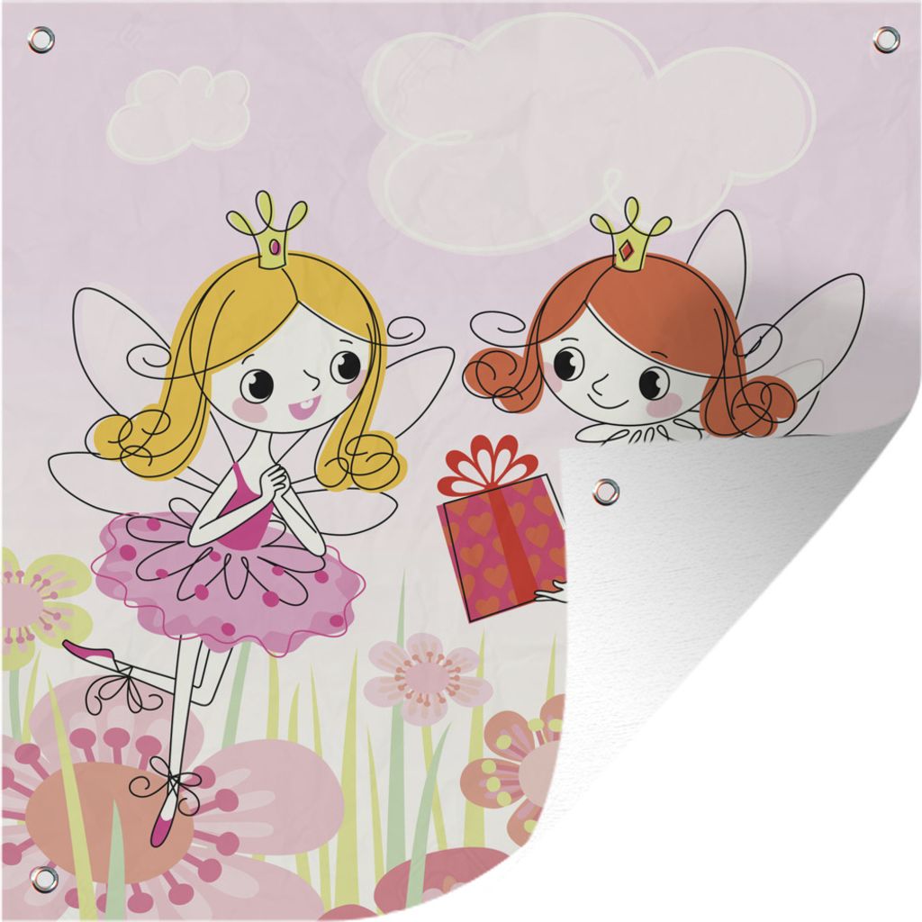 MuchoWow 100x100 cm Outdoor-Poster Gartendeko Sichtschutz Garten Poster für den Garten Eine Illustration eines Elfenjungen, der ein Geschenk fü...