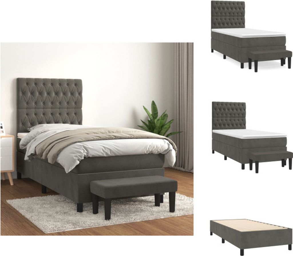 vidaXL Boxspringbett mit Matratze Dunkelgrau 100x200 cm Samt - Betten & Bettgestelle