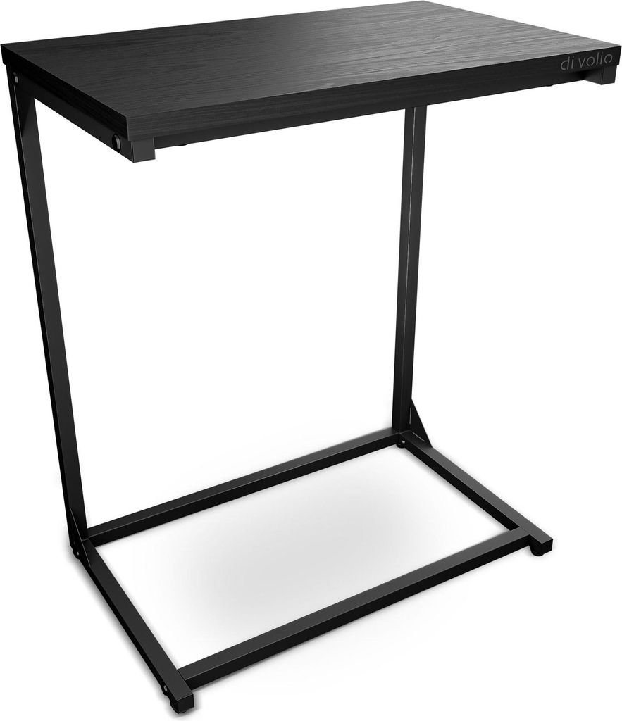 A black C-shaped side table with a wooden top and metal frame, shown against a white background.
