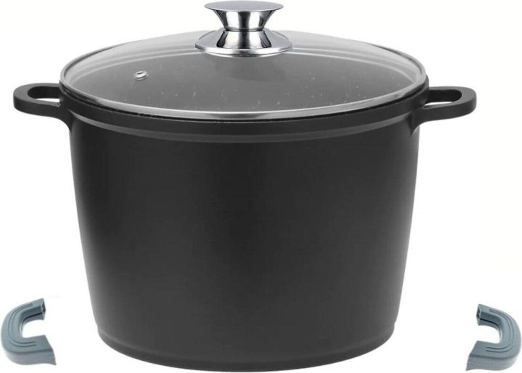 A black cooking pot with a glass lid and silver handle, shown from a slightly diagonal front view. Two grey silicone pot handle covers are placed at the bottom corners of the image.