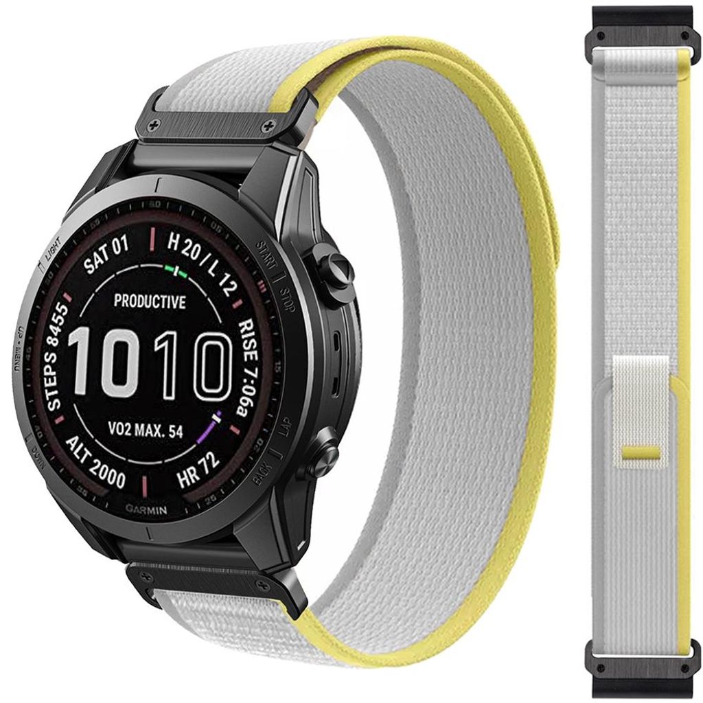 FFO2World Trail Loop Nylon-Sportarmband 26 mm QuickFit für Garmin Enduro 3/Fenix 8/7X/6X/5X GPS, Tactix 7 Pro/Epix Pro – Gelb/Grau